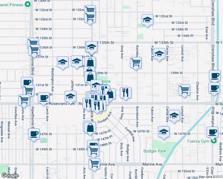 map of restaurants, bars, coffee shops, grocery stores, and more near 14110 Cordary Avenue in Hawthorne