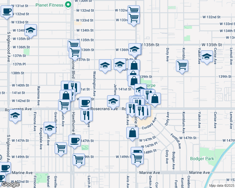 map of restaurants, bars, coffee shops, grocery stores, and more near 14153 Jefferson Avenue in Hawthorne