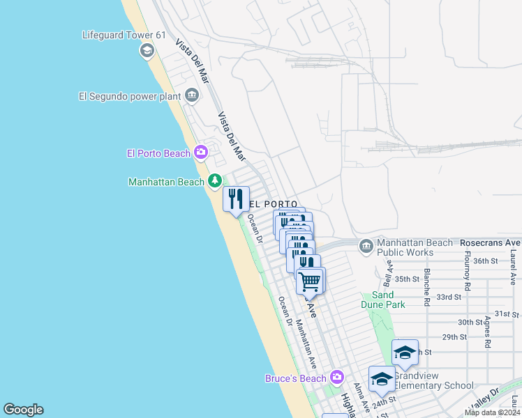 map of restaurants, bars, coffee shops, grocery stores, and more near 4102 Ocean Drive in Manhattan Beach