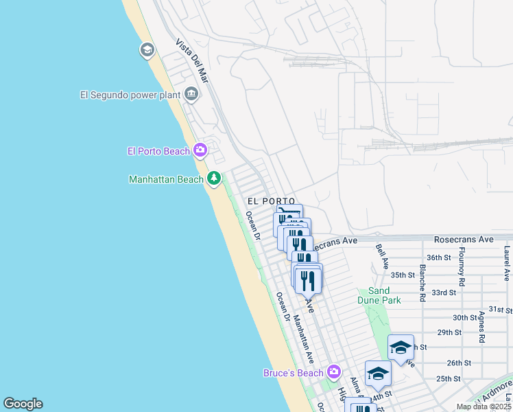 map of restaurants, bars, coffee shops, grocery stores, and more near 4102 Ocean Drive in Manhattan Beach