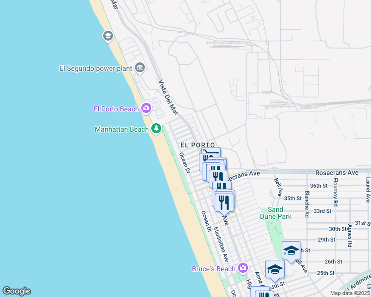map of restaurants, bars, coffee shops, grocery stores, and more near 4102 Ocean Drive in Manhattan Beach