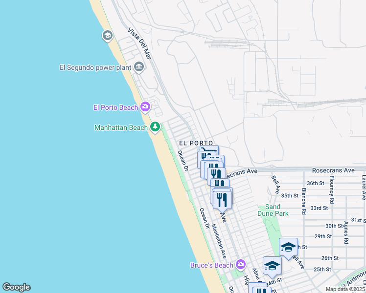 map of restaurants, bars, coffee shops, grocery stores, and more near 4102 Ocean Drive in Manhattan Beach