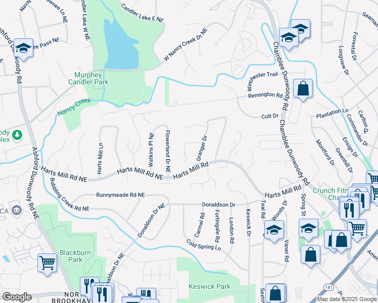 map of restaurants, bars, coffee shops, grocery stores, and more near 1677 Foresta Court in Atlanta