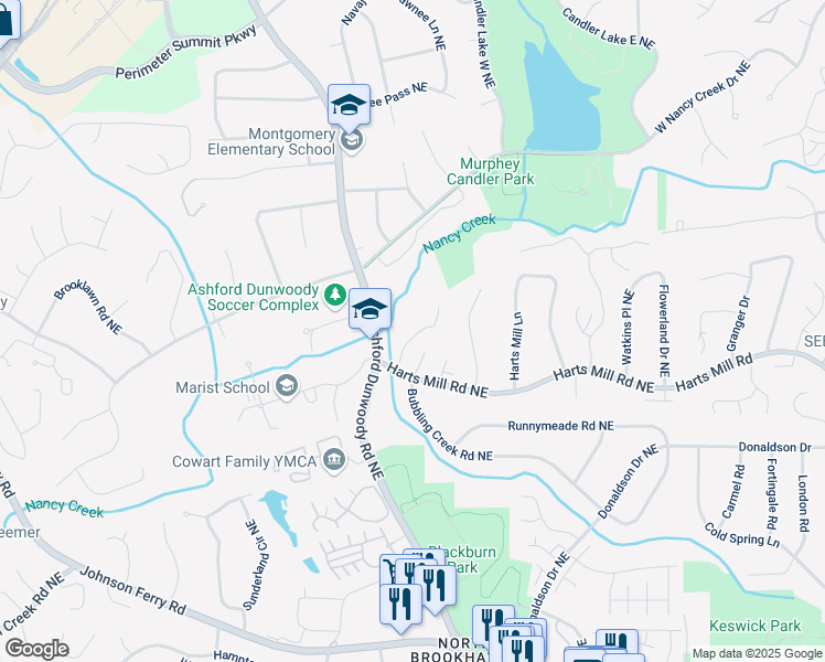 map of restaurants, bars, coffee shops, grocery stores, and more near 3794 Ashford Lake Court Northeast in Atlanta