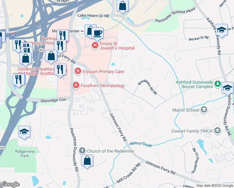 map of restaurants, bars, coffee shops, grocery stores, and more near 1030 Westbrooke Way Northeast in Atlanta
