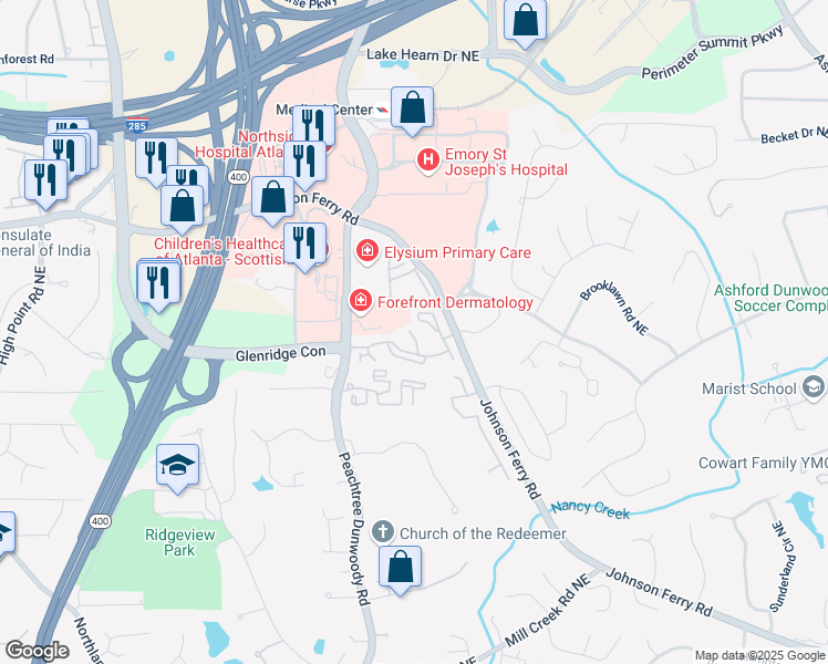 map of restaurants, bars, coffee shops, grocery stores, and more near 5580 Glenridge Park Northeast in Atlanta