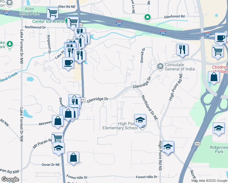 map of restaurants, bars, coffee shops, grocery stores, and more near 5412 Glenridge Drive in Atlanta