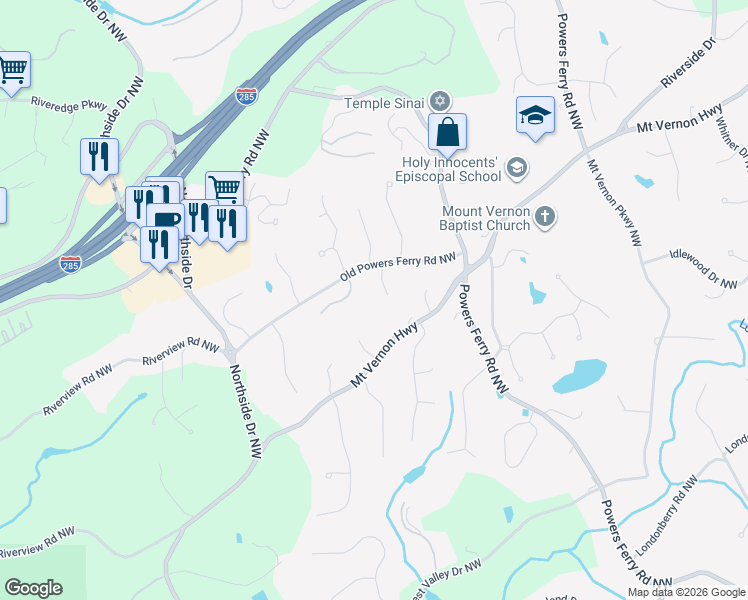 map of restaurants, bars, coffee shops, grocery stores, and more near 2 Old Virginia Chase Northwest in Sandy Springs