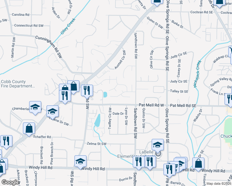 map of restaurants, bars, coffee shops, grocery stores, and more near 186 Summer Lake Drive Southwest in Marietta