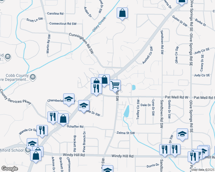 map of restaurants, bars, coffee shops, grocery stores, and more near 438 Pat Mell Road West in Marietta