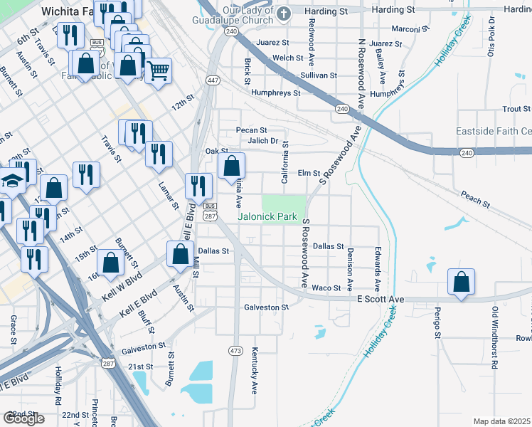 map of restaurants, bars, coffee shops, grocery stores, and more near 311 Jalonick Street in Wichita Falls