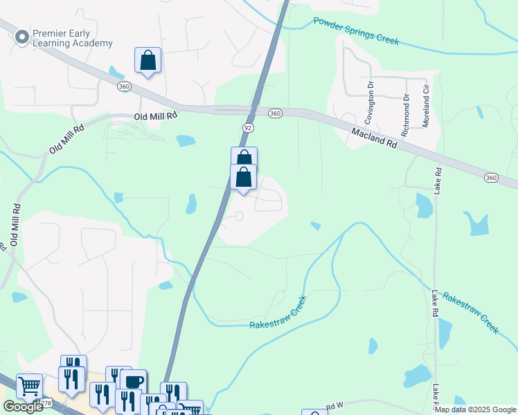 map of restaurants, bars, coffee shops, grocery stores, and more near 41 Darby's Crossing Court in Hiram