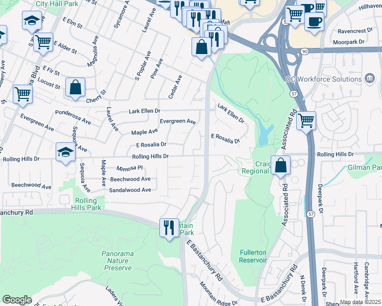 map of restaurants, bars, coffee shops, grocery stores, and more near 2833 Live Oak Avenue in Fullerton
