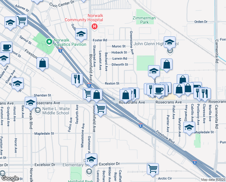 map of restaurants, bars, coffee shops, grocery stores, and more near 12737 Rosecrans Avenue in Norwalk