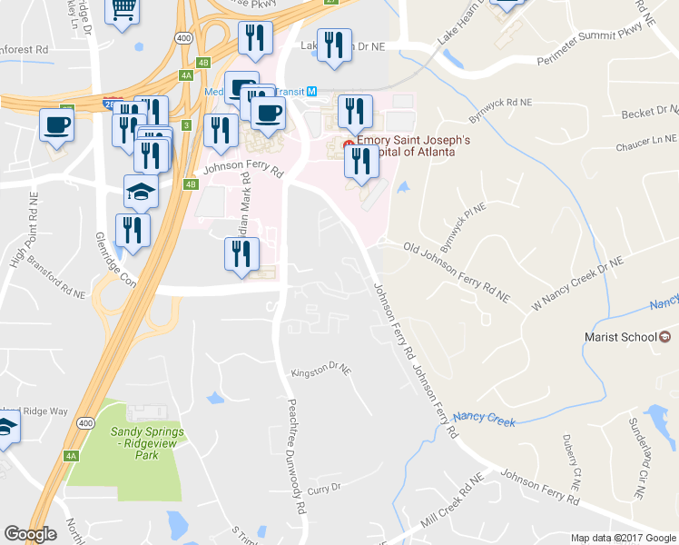 map of restaurants, bars, coffee shops, grocery stores, and more near 5580 Glenridge Park Northeast in Atlanta