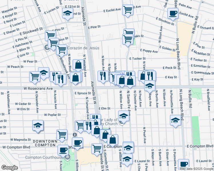 map of restaurants, bars, coffee shops, grocery stores, and more near 411 East Rosecrans Avenue in Compton