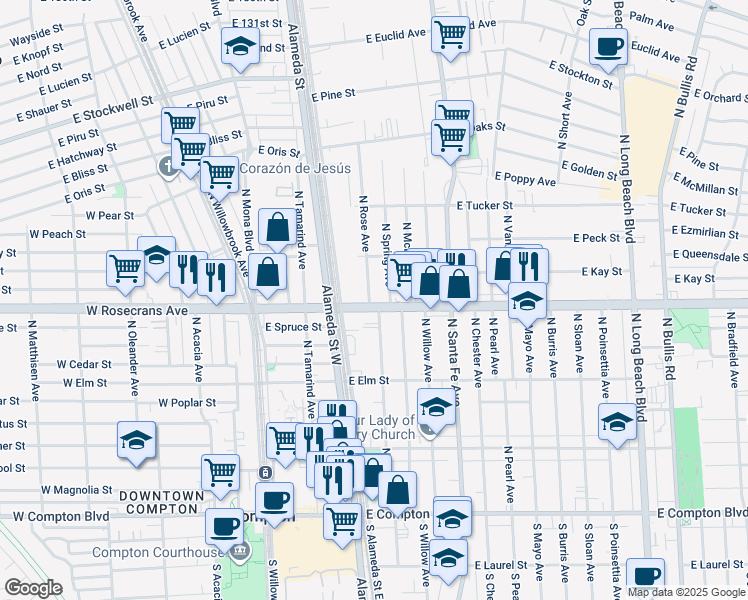 map of restaurants, bars, coffee shops, grocery stores, and more near 1102 North Rose Avenue in Compton
