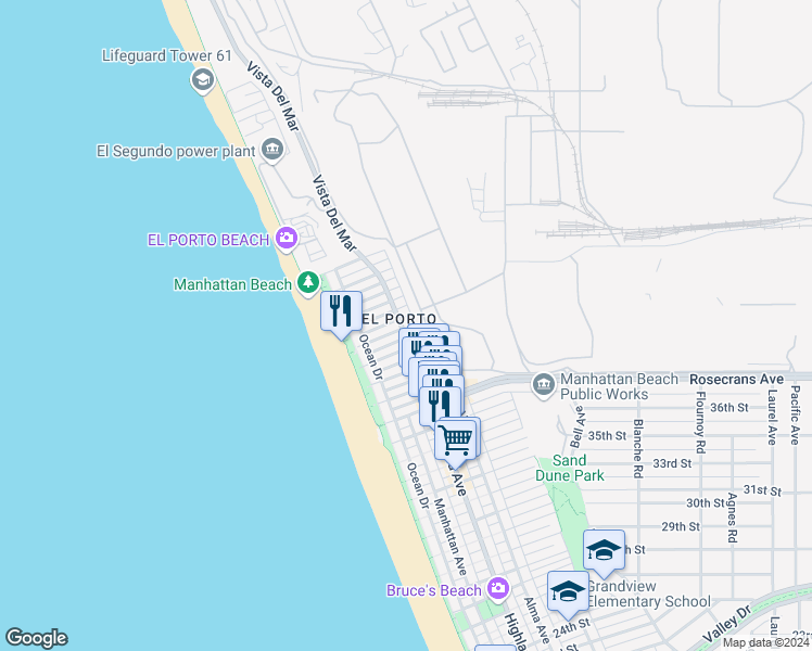 map of restaurants, bars, coffee shops, grocery stores, and more near 331 41st Street in Manhattan Beach
