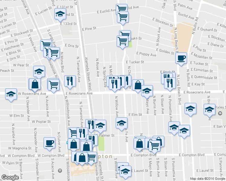 map of restaurants, bars, coffee shops, grocery stores, and more near 525 East Rosecrans Avenue in Compton