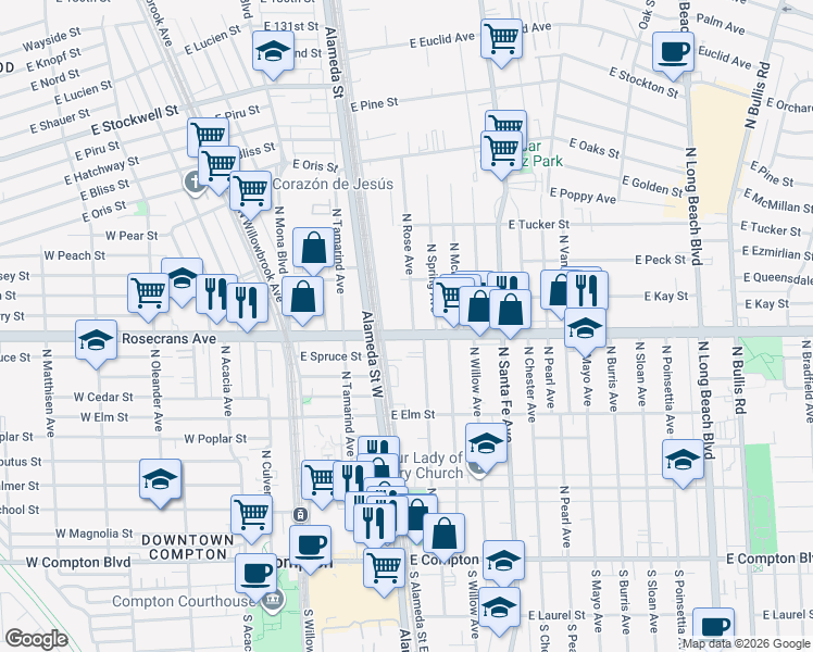 map of restaurants, bars, coffee shops, grocery stores, and more near 325 East Rosecrans Avenue in Compton