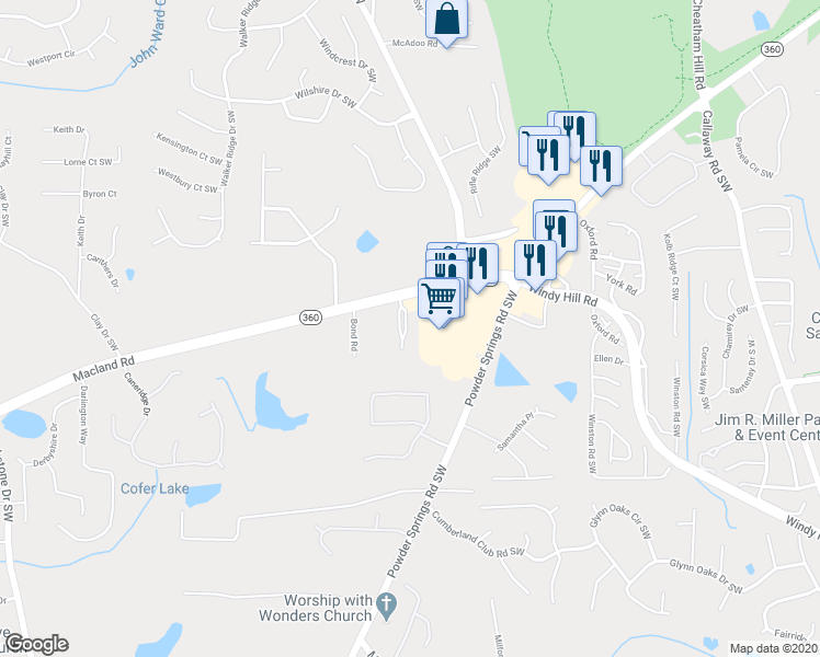 map of restaurants, bars, coffee shops, grocery stores, and more near 2019 MacLand Square Drive in Marietta