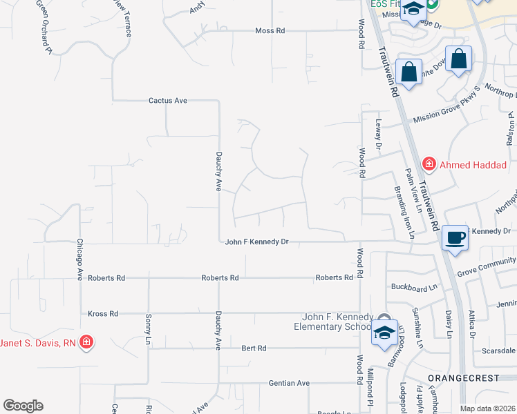 map of restaurants, bars, coffee shops, grocery stores, and more near 1195 Pamplona Drive in Riverside