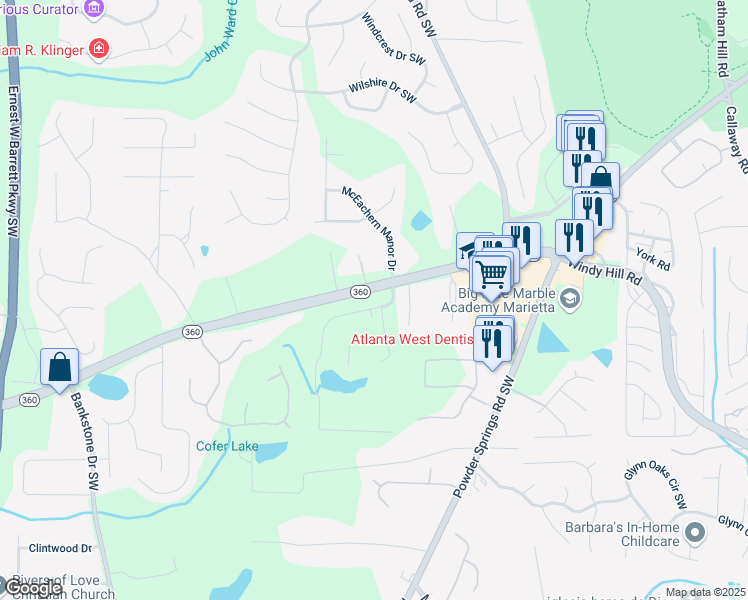 map of restaurants, bars, coffee shops, grocery stores, and more near 1960 Freestone Way in Marietta