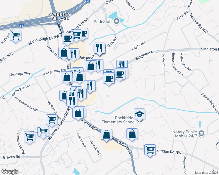 map of restaurants, bars, coffee shops, grocery stores, and more near 6050 Singleton Road in Norcross