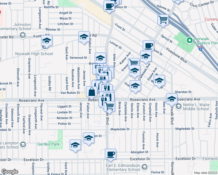 map of restaurants, bars, coffee shops, grocery stores, and more near 13727 Rosecrans Avenue in Santa Fe Springs