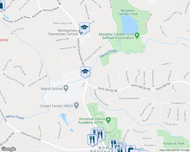 map of restaurants, bars, coffee shops, grocery stores, and more near 3794 Ashford Lake Court Northeast in Atlanta