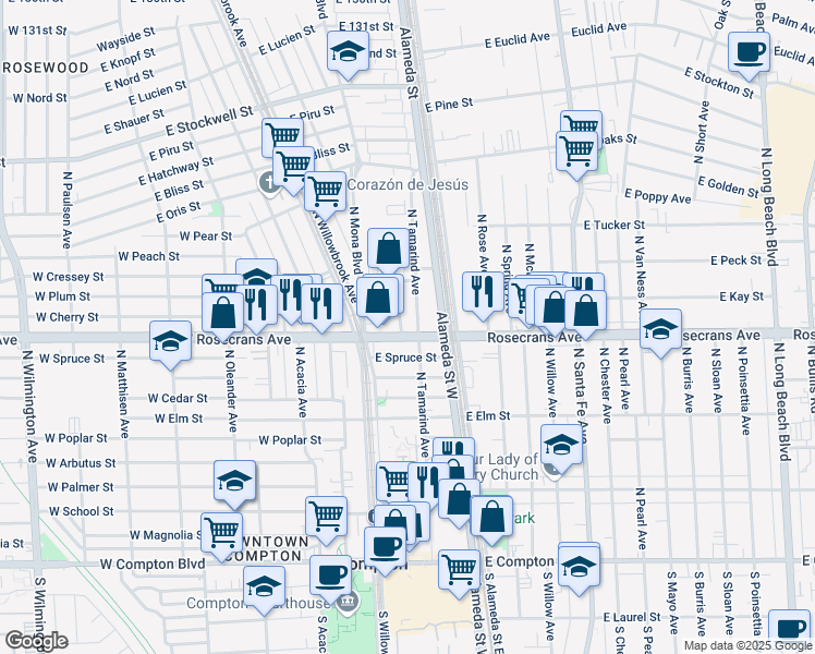 map of restaurants, bars, coffee shops, grocery stores, and more near 1004 North Tamarind Avenue in Compton