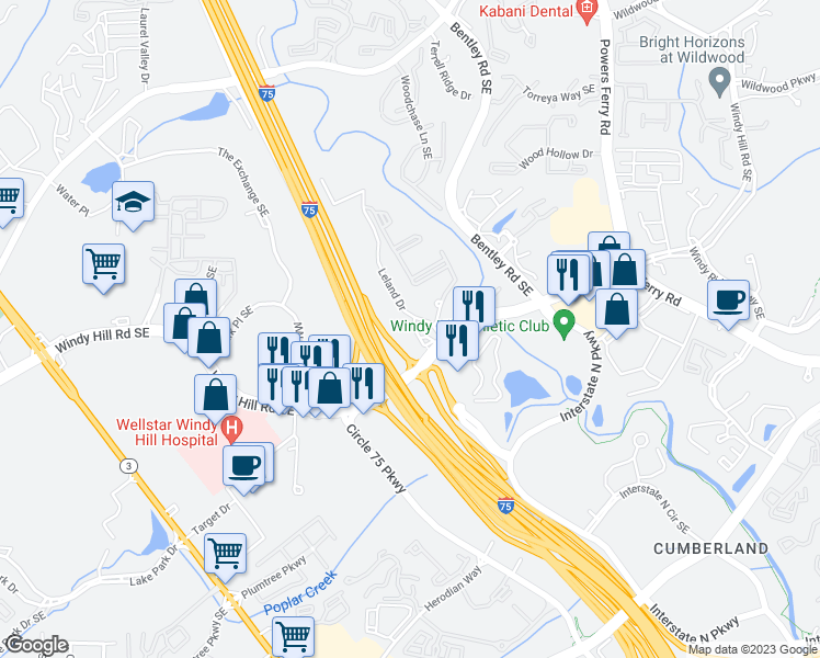 map of restaurants, bars, coffee shops, grocery stores, and more near 2767 Windy Hill Road Southeast in Marietta