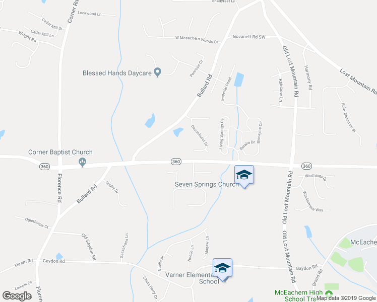 map of restaurants, bars, coffee shops, grocery stores, and more near 2058 Devonhurst Drive in Powder Springs