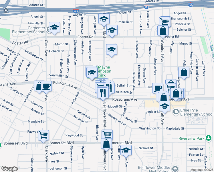 map of restaurants, bars, coffee shops, grocery stores, and more near 14108 Bellflower Boulevard in Bellflower