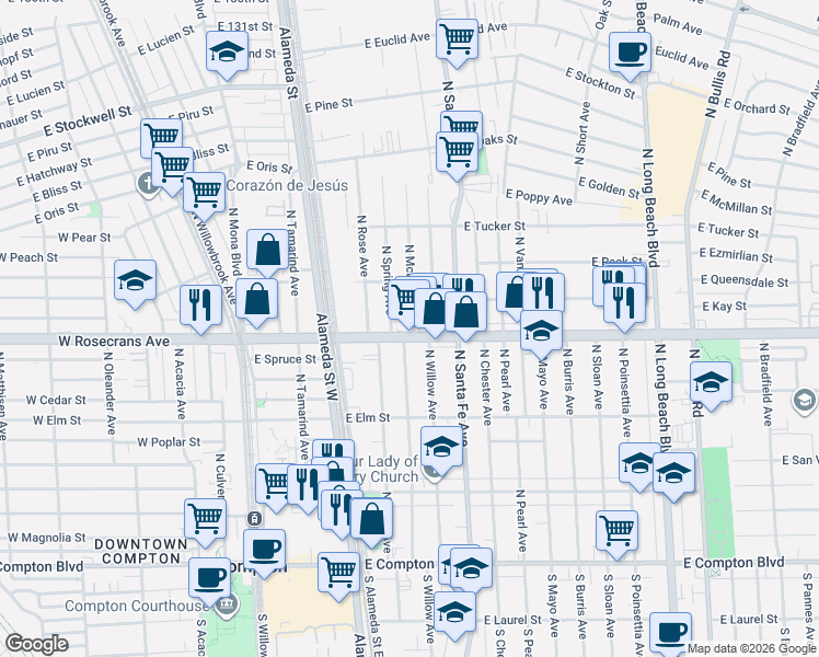map of restaurants, bars, coffee shops, grocery stores, and more near 523 East Rosecrans Avenue in Compton