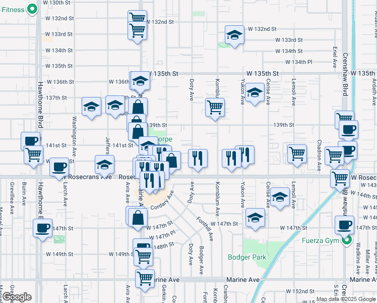 map of restaurants, bars, coffee shops, grocery stores, and more near 14027 Doty Avenue in Hawthorne