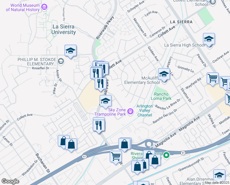 map of restaurants, bars, coffee shops, grocery stores, and more near 4187 Flat Rock Road in Riverside