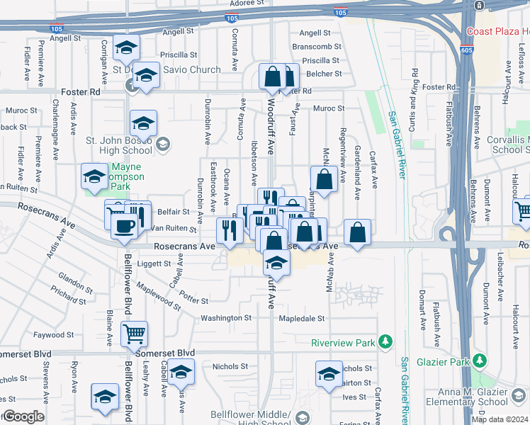 map of restaurants, bars, coffee shops, grocery stores, and more near 14037 Woodruff Avenue in Bellflower