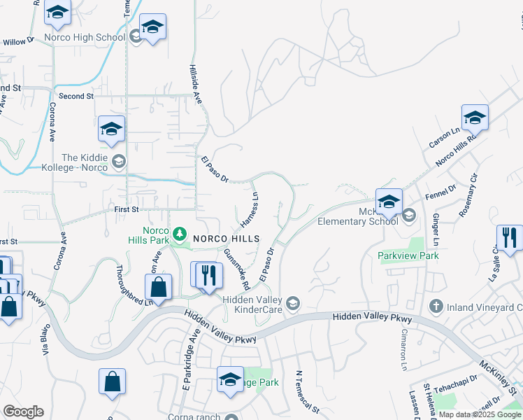 map of restaurants, bars, coffee shops, grocery stores, and more near 1390 Corona Avenue in Norco
