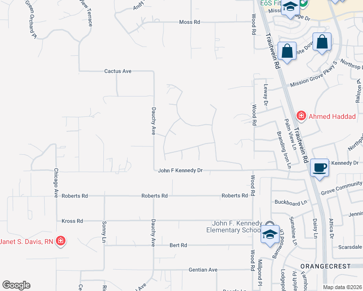 map of restaurants, bars, coffee shops, grocery stores, and more near 8064 Pepita Court in Riverside