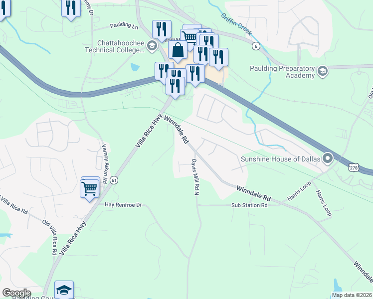 map of restaurants, bars, coffee shops, grocery stores, and more near 56 Roberts Way in Dallas