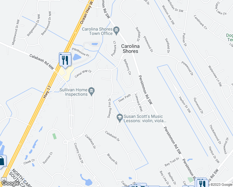 map of restaurants, bars, coffee shops, grocery stores, and more near 2 Landing Court in Carolina Shores