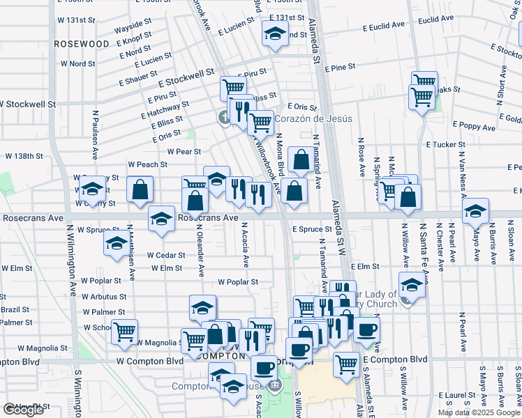 map of restaurants, bars, coffee shops, grocery stores, and more near 1108 North Culver Avenue in Compton