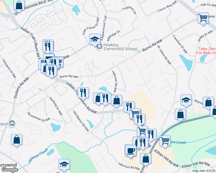 map of restaurants, bars, coffee shops, grocery stores, and more near 4875 Kellys Mill Dr NW in Lilburn