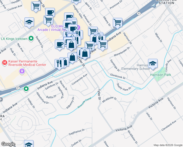 map of restaurants, bars, coffee shops, grocery stores, and more near 3267 Tyler Street in Riverside