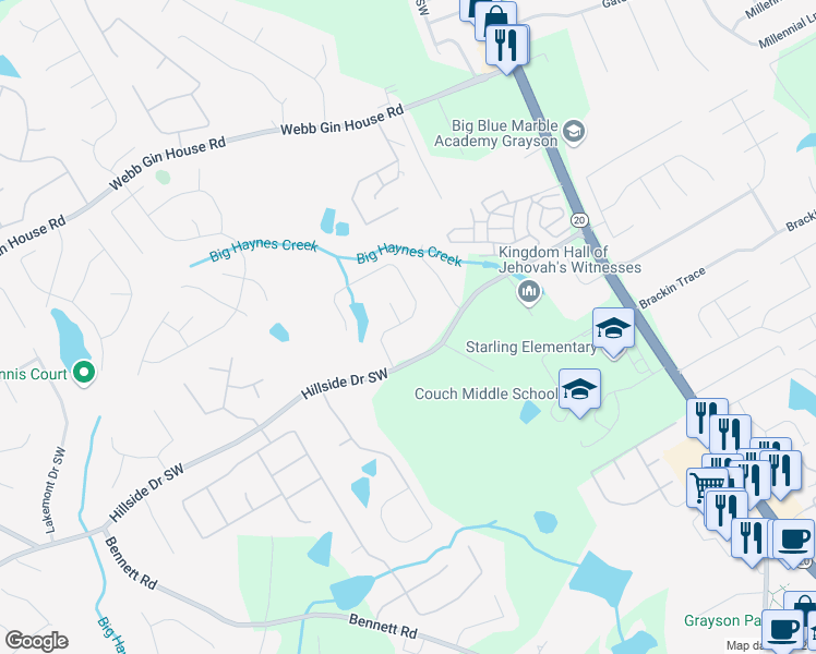 map of restaurants, bars, coffee shops, grocery stores, and more near 1476 Blue Sail Avenue in Grayson