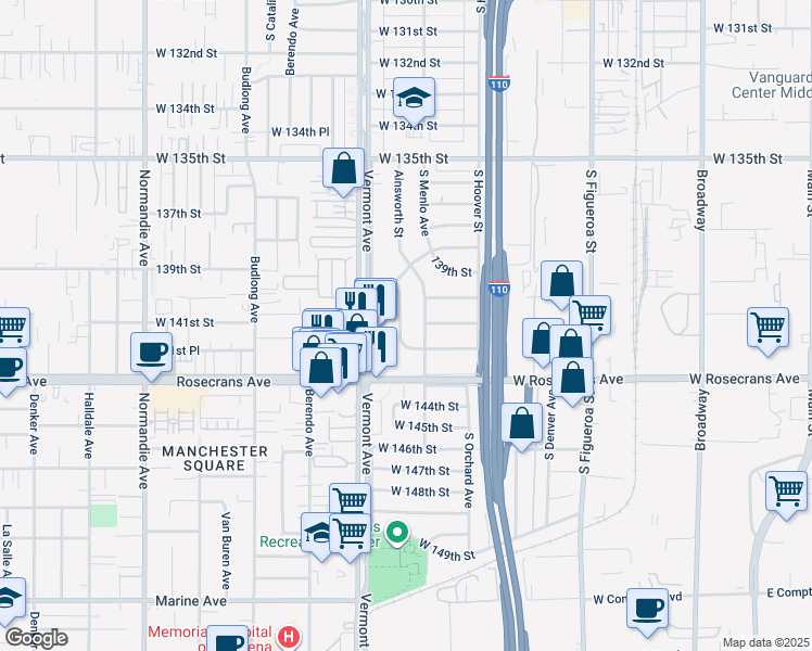 map of restaurants, bars, coffee shops, grocery stores, and more near 14100 South Ainsworth Street in Gardena