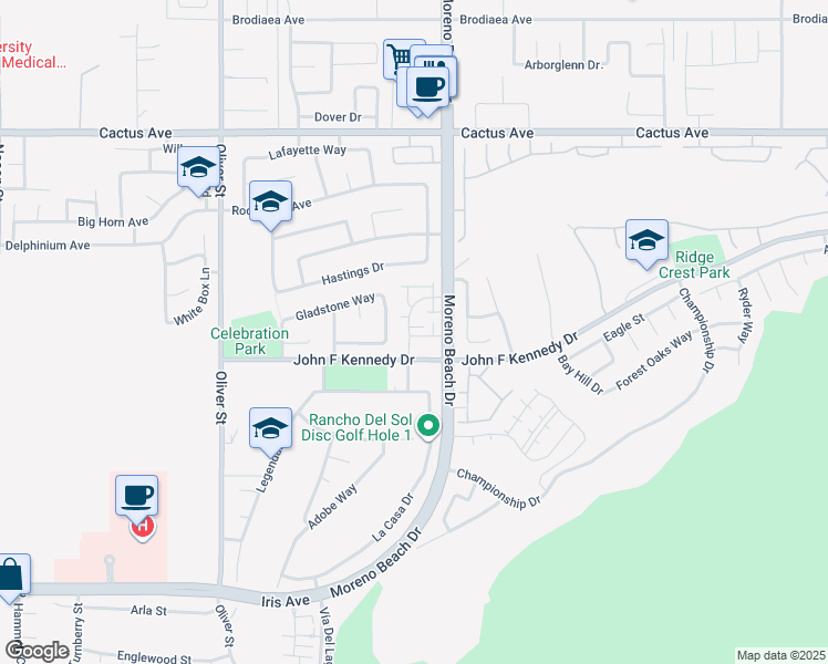 map of restaurants, bars, coffee shops, grocery stores, and more near 27932 John F Kennedy Drive in Moreno Valley