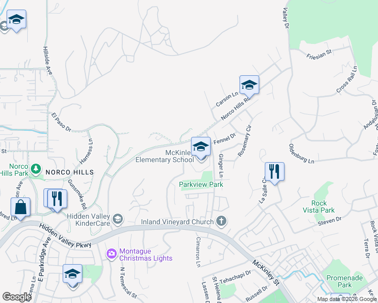 map of restaurants, bars, coffee shops, grocery stores, and more near 2050 Aztec Lane in Corona