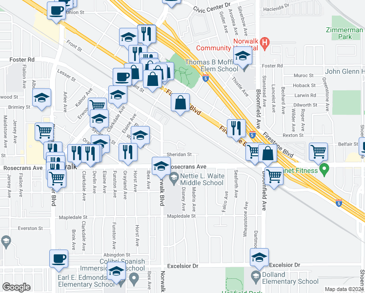 map of restaurants, bars, coffee shops, grocery stores, and more near 12254 Sheridan Street in Norwalk